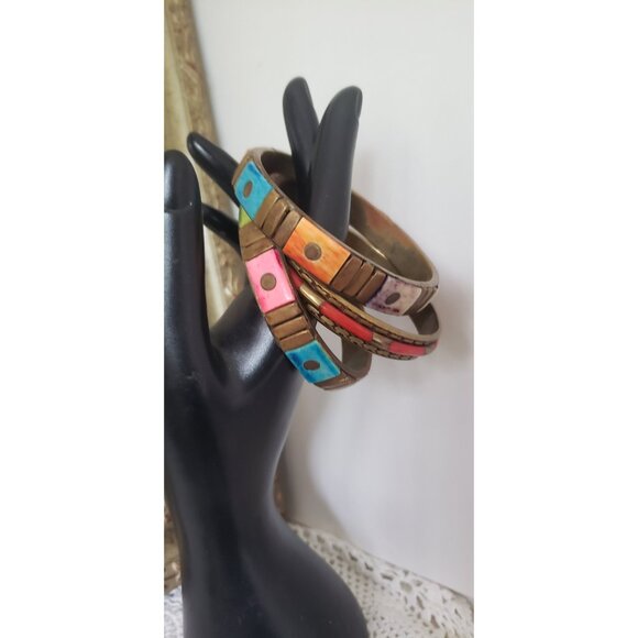 Three Colourful Resin Brass Bangles Vintage Jewelry Accents Colourful - Picture 3 of 10